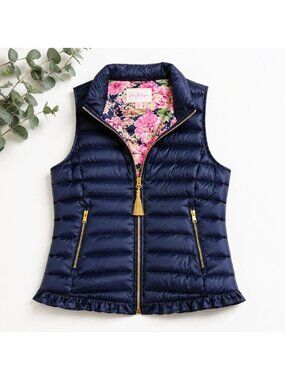 Lilly Pulitzer Cora Down Puffer Vest Navy Floral Lining Tassel Zip XS